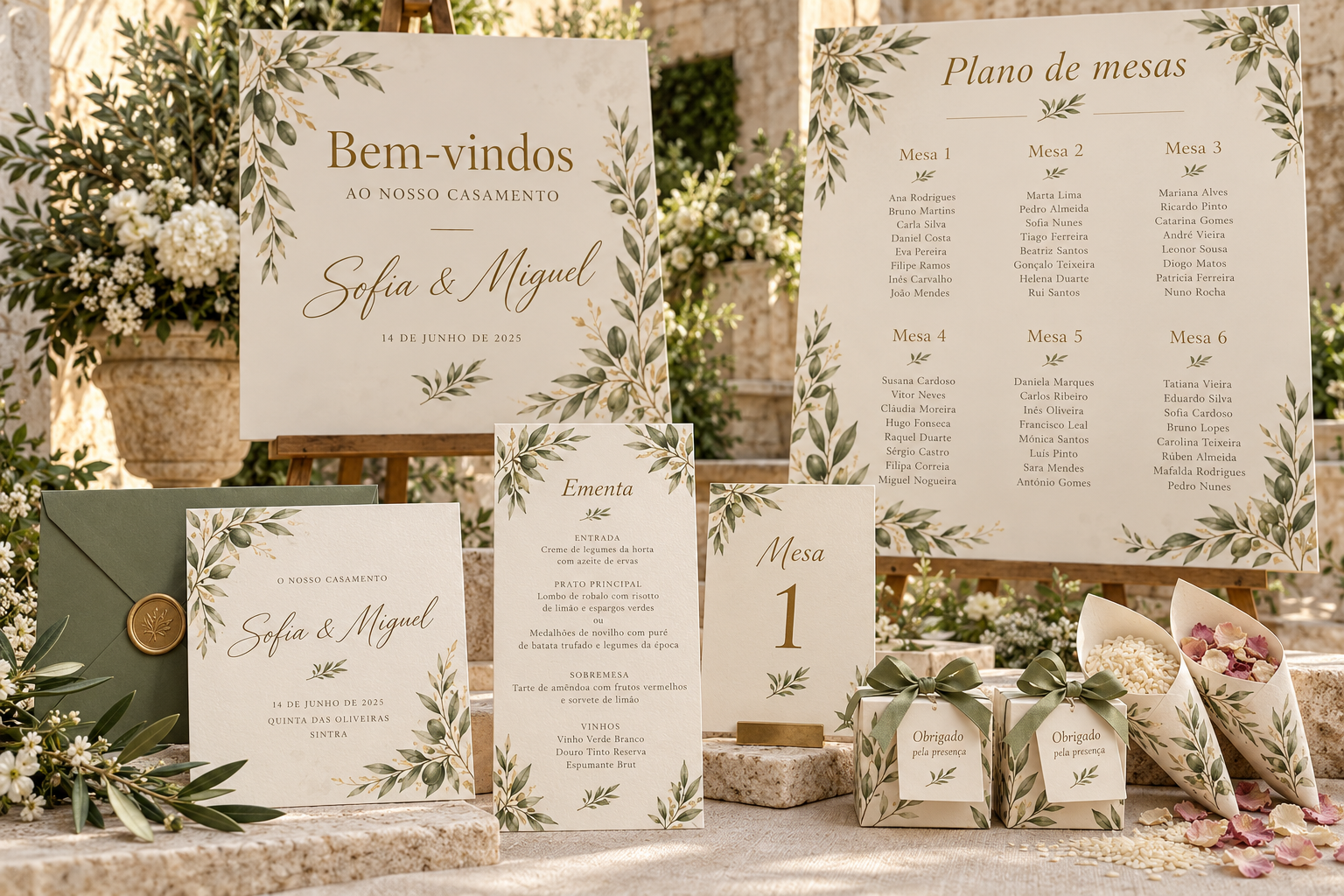 Pack Casamento: placard de boas-vindas, plano de mesas, convite, ementa, marcador de mesa, lembranças e cones em verde-sálvia e marfim